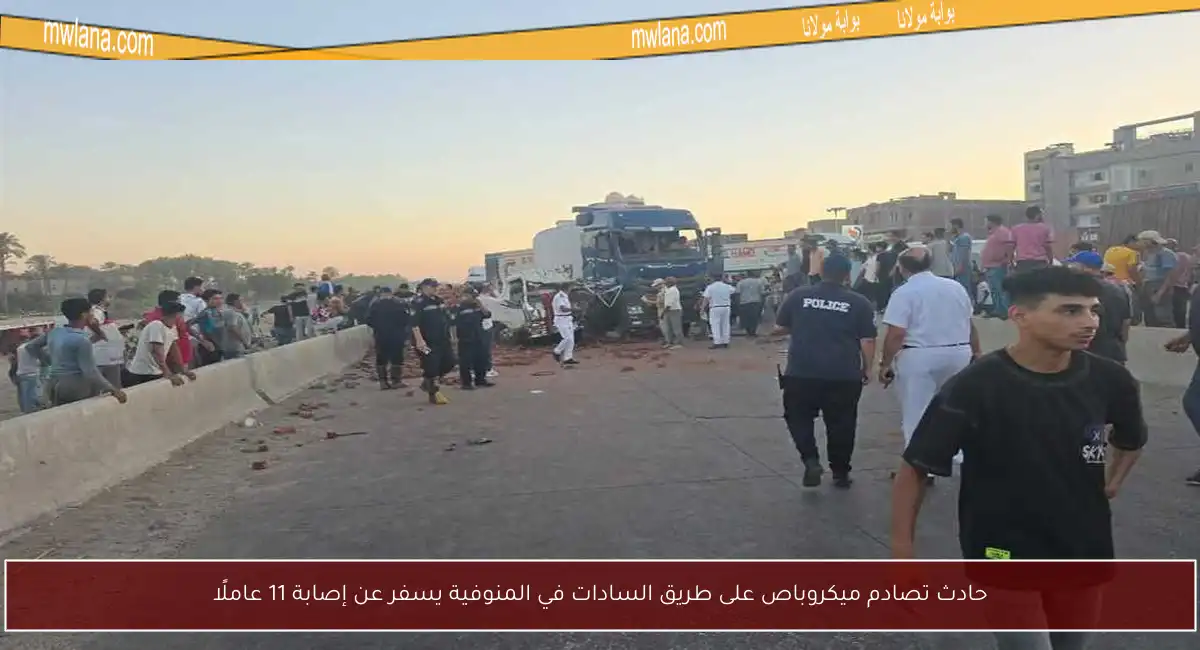 حادث تصادم ميكروباص على طريق السادات في المنوفية يسفر عن إصابة 11 عاملًا