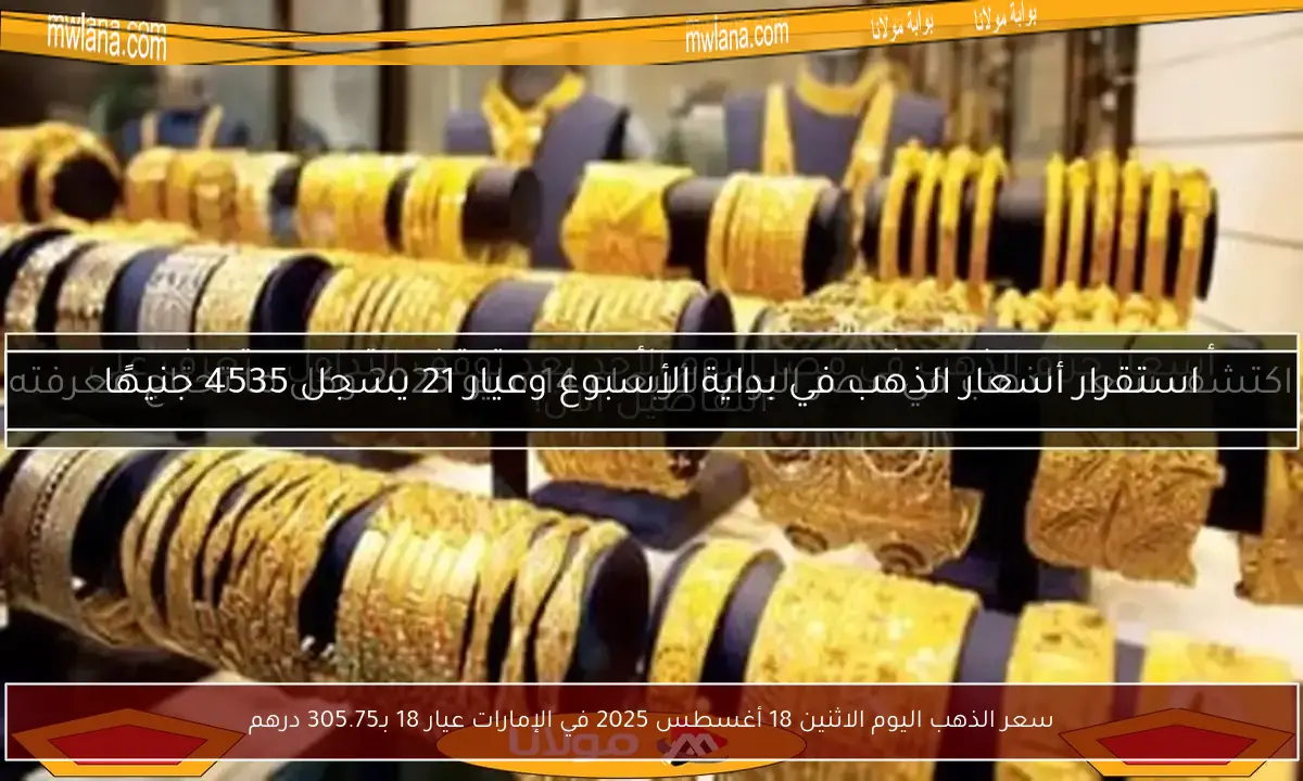 سعر الذهب اليوم الاثنين 18 أغسطس 2025 في الإمارات عيار 18 بـ305.75 درهم